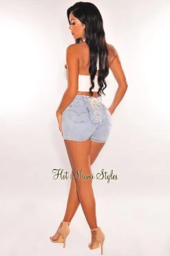 Vendor-unknown Light Denim High Waist Lace Up Back Shorts Just In
