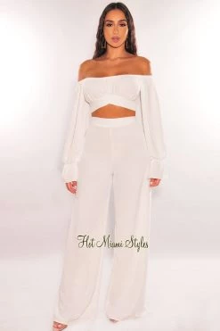 MEEK White Off Shoulder Tie Up Palazzo Pant Two Piece Set Just In
