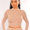 TIC TOC Just In HMS Essential: Taupe Ribbed Mock Neck Long Sleeve Crop Top