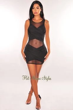Cherie Just In Black Sheer Mesh Sleeveless Ruched Dress