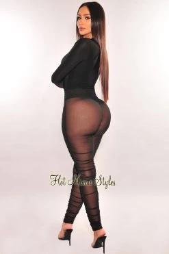 Uptown Apparel Black Silky V Neck Long Sleeve Bodysuit