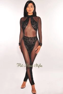 GOODTIME USA Just In Black Leopard Sheer Mesh Long Sleeve Jumpsuit