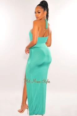 HER SHE Just In Emerald Halter Cut Out Ruched Slit Maxi Dress