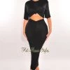 Vendor-unknown Black Short Sleeve Cut Out Ruched Maxi Dress