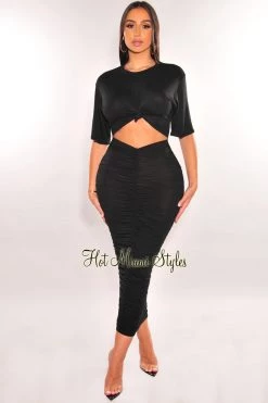 Vendor-unknown Black Short Sleeve Cut Out Ruched Maxi Dress