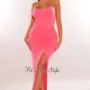 Vendor-unknown Coral Gold Chain Halter Ruched Slit Maxi Dress