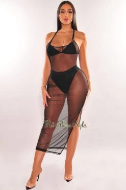 TIC TOC Black Sheer Mesh Spaghetti Straps Cover Up Slit Dress Just In