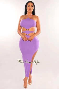 MEEK Lavender Halter Cut Out O-Ring Tie Up Slit Dress