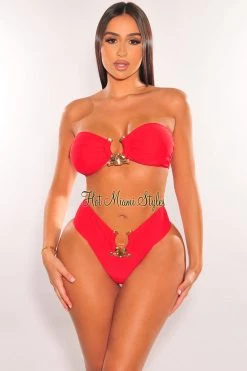 Hollywood & I Red Padded Bandeau Gold Ring High Cut Bikini Just In