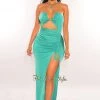 HER SHE Just In Emerald Halter Cut Out Ruched Slit Maxi Dress