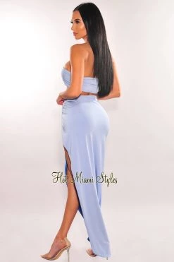 HER SHE Baby Blue One Shoulder Knotted Slit Skirt Two Piece Set