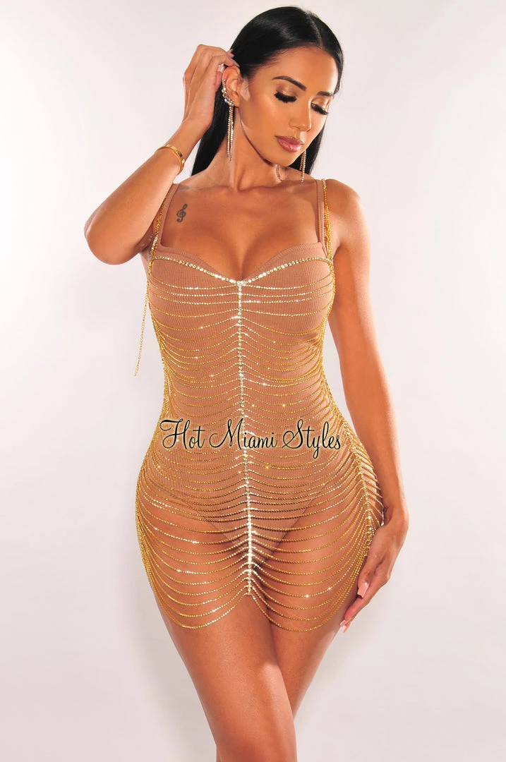Vendor-unknown Gold Rhinestone Spaghetti Straps Ladder Cut Mini Dress
