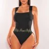 Glamazon Just In Black Square Neck Straps Bandage Bodysuit