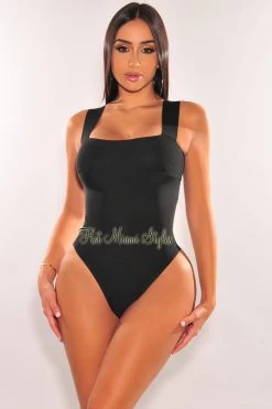 Glamazon Just In Black Square Neck Straps Bandage Bodysuit