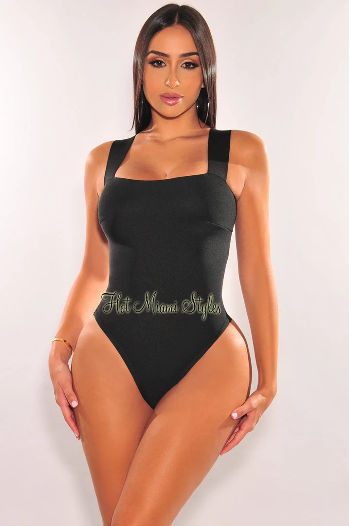 Glamazon Just In Black Square Neck Straps Bandage Bodysuit