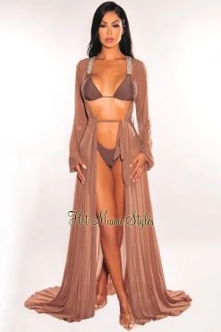 Vendor-unknown Toffee Mesh Long Sleeves Belted Maxi Cover Up