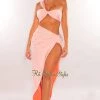 HER SHE Just In Blush Coral One Shoulder Knotted Slit Skirt Two Piece Set