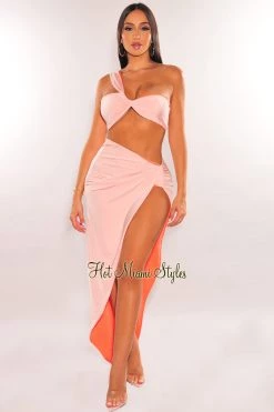 HER SHE Just In Blush Coral One Shoulder Knotted Slit Skirt Two Piece Set