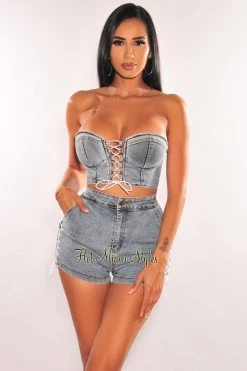 MEEK Just In Denim Padded Strapless Lace Up Shorts Two Piece Set