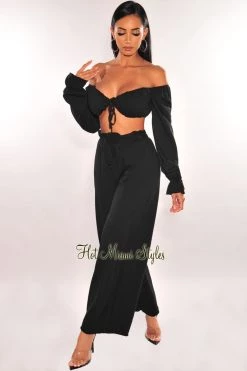 Vendor-unknown Black Tie Up Long Sleeve High Waist Palazzo Two Piece Set Just In