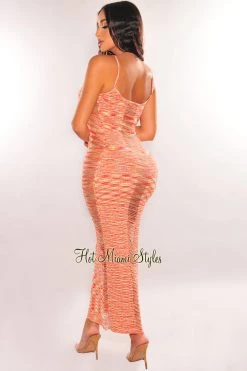 Hera Collection Orange Space Dye Ribbed Knit Spaghetti Straps Ladder Cut Dress Just In
