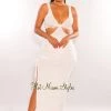 Vendor-unknown Just In White Ribbed Knotted Cut Out Ruched Slit Dress