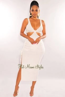 Vendor-unknown Just In White Ribbed Knotted Cut Out Ruched Slit Dress