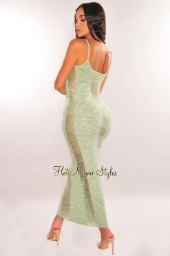 Hera Collection Green Space Dye Ribbed Knit Spaghetti Straps Ladder Cut Dress