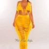 LOVESENSE Yellow Knit Halter Triangle Top Fringe Ladder Cut Pants Two Piece Set Just In