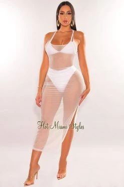 TIC TOC White Sheer Mesh Spaghetti Straps Cover Up Slit Dress Just In