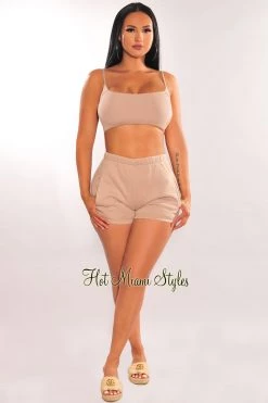 TIC TOC HMS Essential: Taupe Ribbed Strappy Back Bralette Top Just In