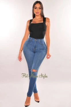 Glamazon Just In Black Square Neck Straps Bandage Bodysuit