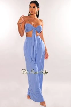 SPRING HAZE Just In Dusty Blue Bandeau Tie Up High Waist Palazzo Pants Two Piece Set