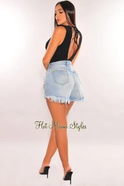 Vendor-unknown Just In Black Ribbed Sleeveless V Neck Knotted Open Back Bodysuit