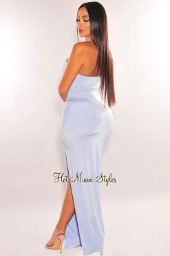 HER SHE Iced Blue Halter Cut Out Ruched Slit Maxi Dress