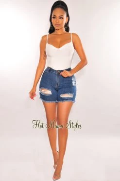 Vendor-unknown Blue Denim Destroyed Frayed Hem Biker Shorts