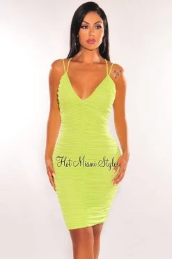 SPRING HAZE Neon Lime Mesh Spaghetti Straps Ruched Mini Dress Just In