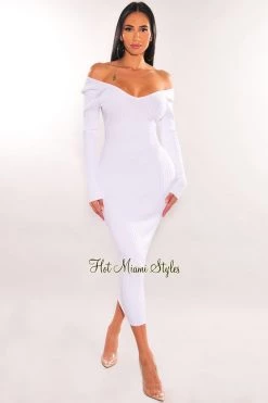Elan International Just In White Ribbed Knit Long Sleeves Dress