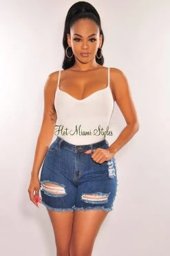 Vendor-unknown Blue Denim Destroyed Frayed Hem Biker Shorts