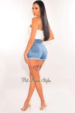 Fashion Wild Cat White Elastic Straps Bustier Curved Hem Crop Top