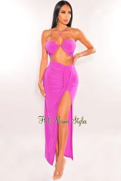 SPRING HAZE Magenta Halter Keyhole Knotted Slit Skirt Two Piece Set