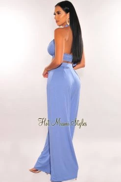 SPRING HAZE Just In Dusty Blue Bandeau Tie Up High Waist Palazzo Pants Two Piece Set
