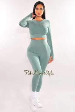 Sole Mio (set) HMS Fit: Sea Green Marl Seamless Butt Lifting Leggings Two Piece Set Just In