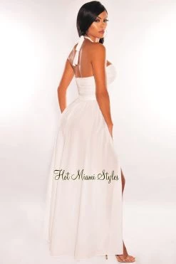 Vendor-unknown White Halter Lace Up Cut Out Slit Maxi Dress Just In