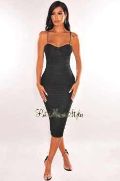Vendor-unknown Black Mesh Padded Underwire Spaghetti Straps Ruched Midi Dress Just In