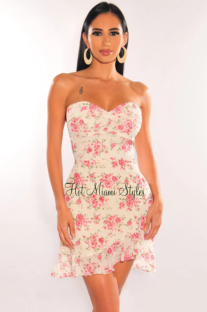 EDIT BY NINE Cream Floral Print Strapless Ruffle Dress