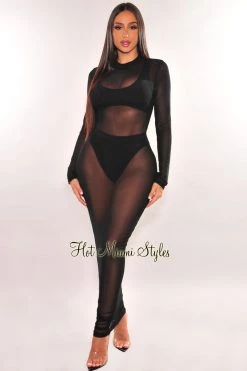 Hollywood & I Black Sheer Mesh Long Sleeve Cover Up Dress
