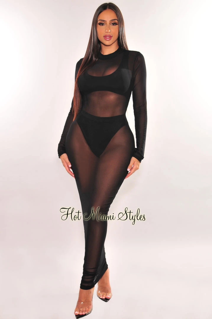 Hollywood & I Black Sheer Mesh Long Sleeve Cover Up Dress