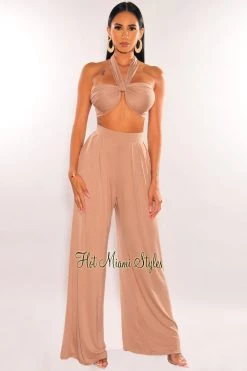 SPRING HAZE Mocha Bandeau Tie Up High Waist Palazzo Pants Two Piece Set Just In