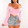 MEEK Baby Pink Long Sleeve Lace Up Back Bustier Crop Top Just In